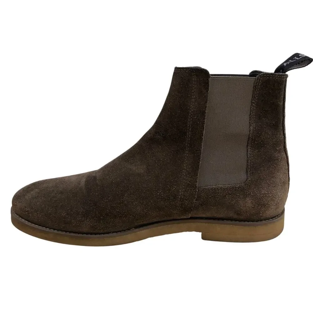 AllSaints Chelsea Boots Mens 9 Brown Suede Elastic Side Pull Tab Rubber Sole